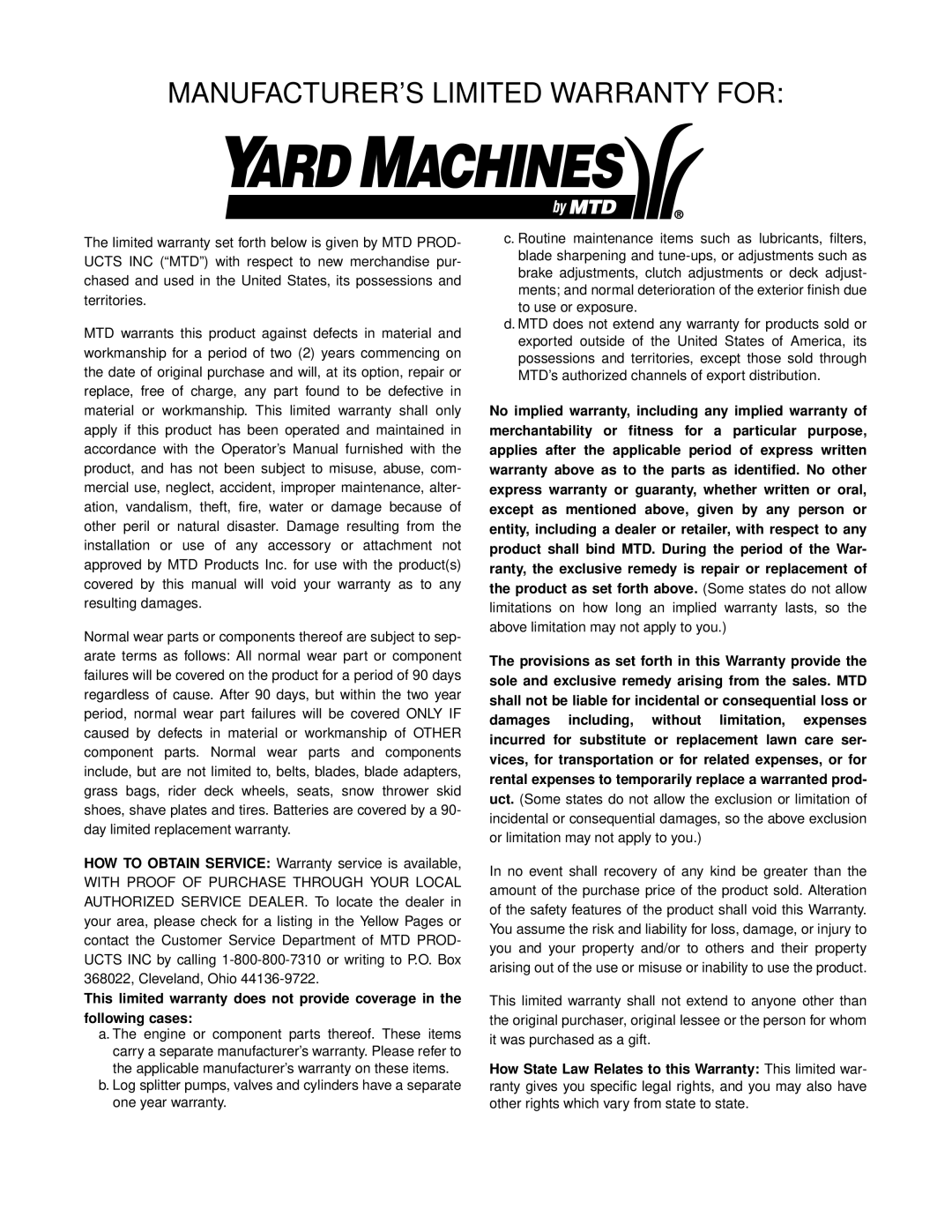 Yard Machines 096, 086, 081, 098, 089 manual MANUFACTURER’S Limited Warranty for 