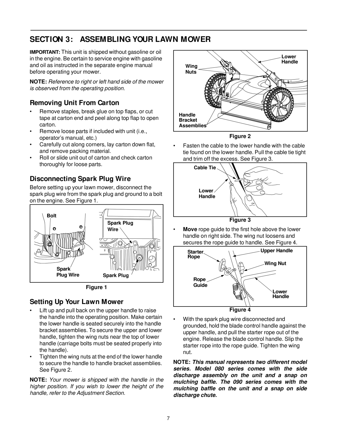 Yard Machines 081, 086, 096, 098, 089 Assembling Your Lawn Mower, Removing Unit From Carton, Disconnecting Spark Plug Wire 