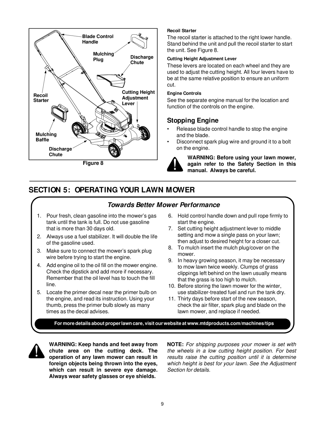 Yard Machines 089, 086, 096, 081, 098 manual Operating Your Lawn Mower, Stopping Engine 