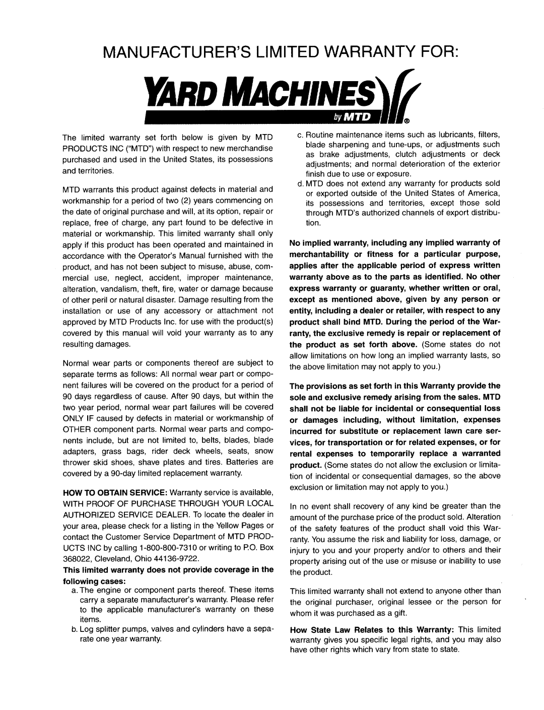 Yard Machines 11A-418 manual 