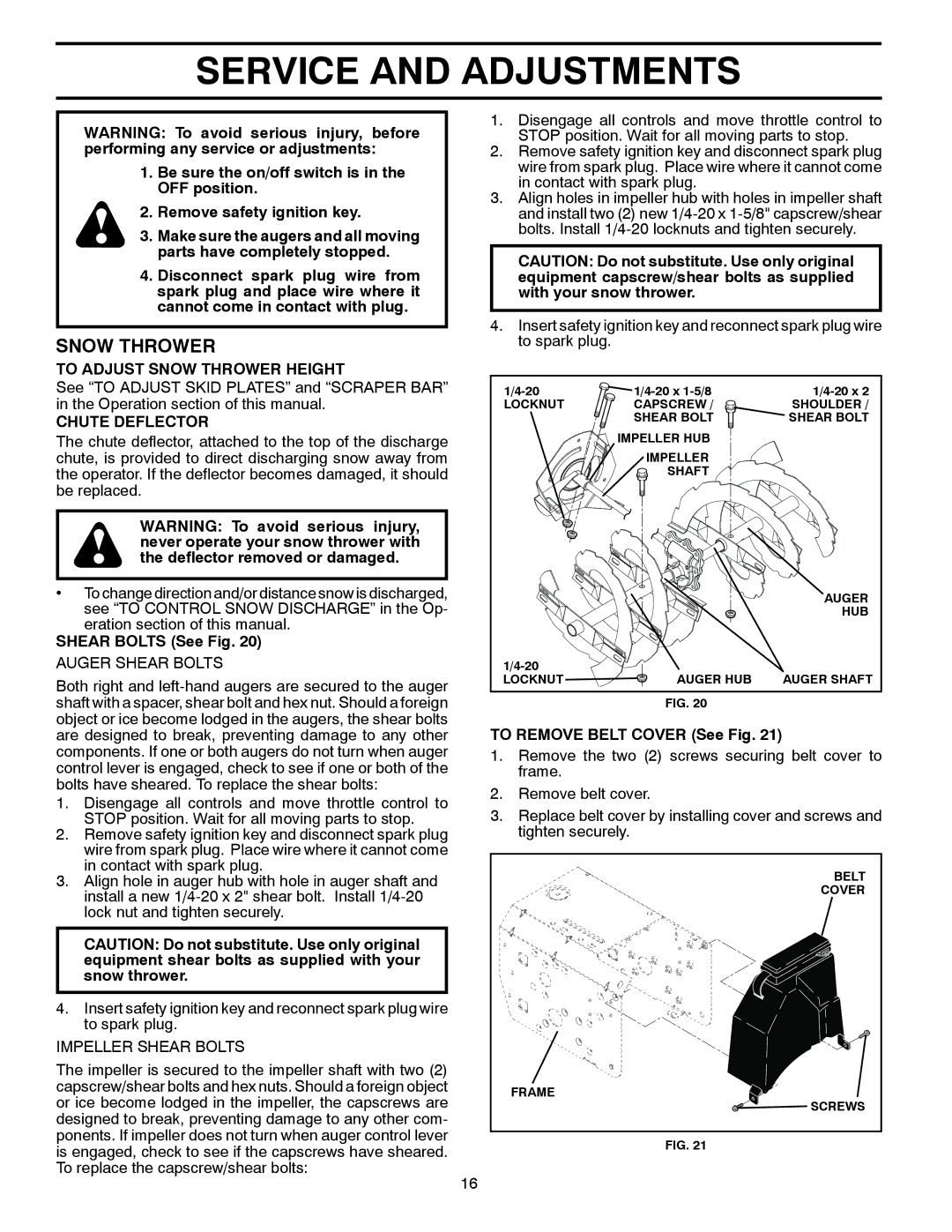 Yard Machines 12527SB manual Service and Adjustments, To Adjust Snow Thrower Height, Chute Deflector, Shear Bolts See Fig 