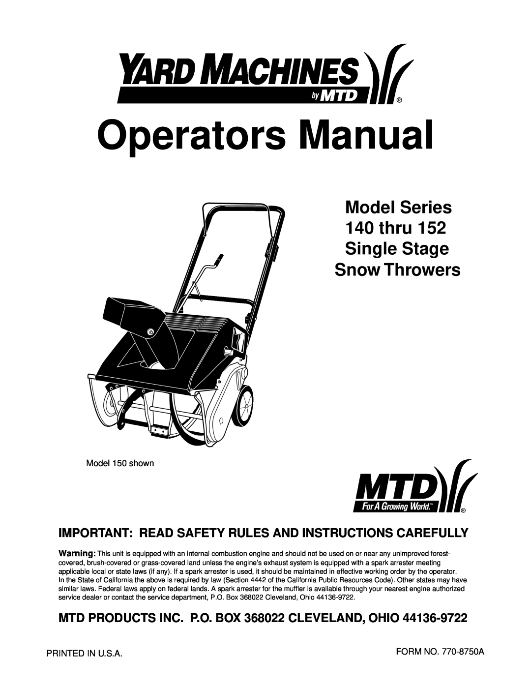 Yard Machines 140, 152 manual Important Read Safety Rules And Instructions Carefully, Operators Manual 