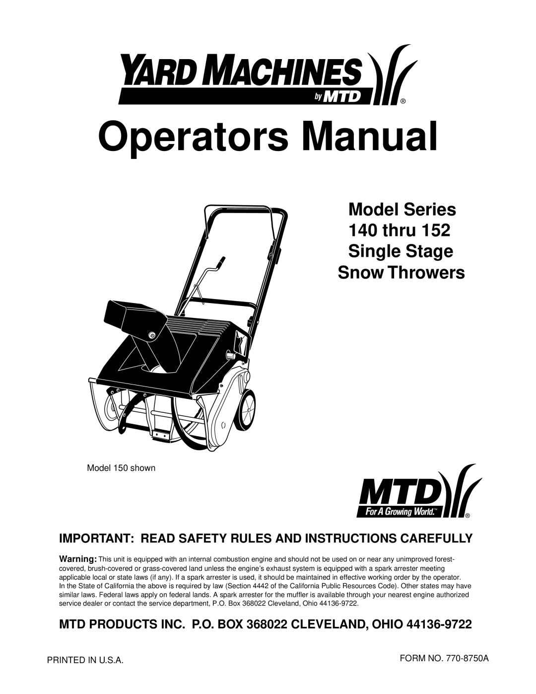 Yard Machines 140, 152 manual Important Read Safety Rules and Instructions Carefully 