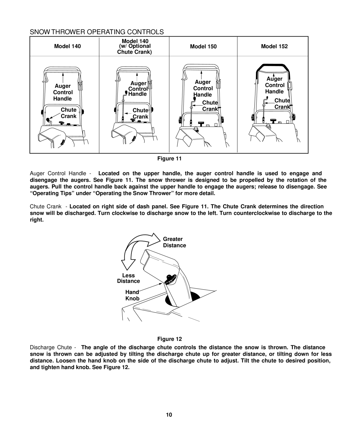 Yard Machines 152, 140 manual Snow Thrower Operating Controls 