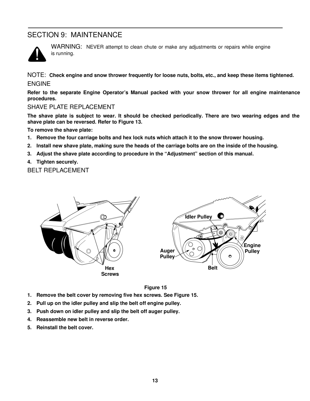 Yard Machines 140, 152 manual Maintenance, Engine, Shave Plate Replacement, Belt Replacement 