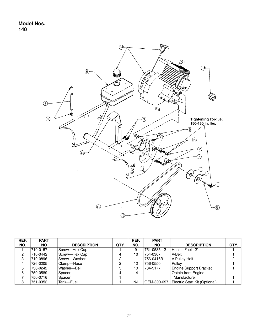 Yard Machines 140, 152 manual Screw-Hex Cap 751-0535-12 Hose-Fuel 