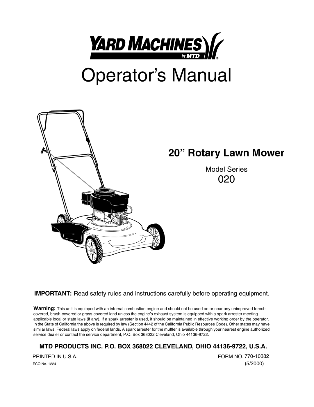 Yard Machines 20 manual Operator’s Manual 