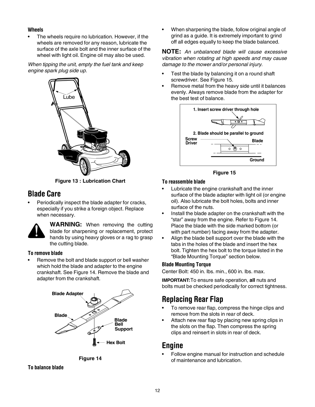 Yard Machines 20 manual Blade Care, Replacing Rear Flap, Engine 