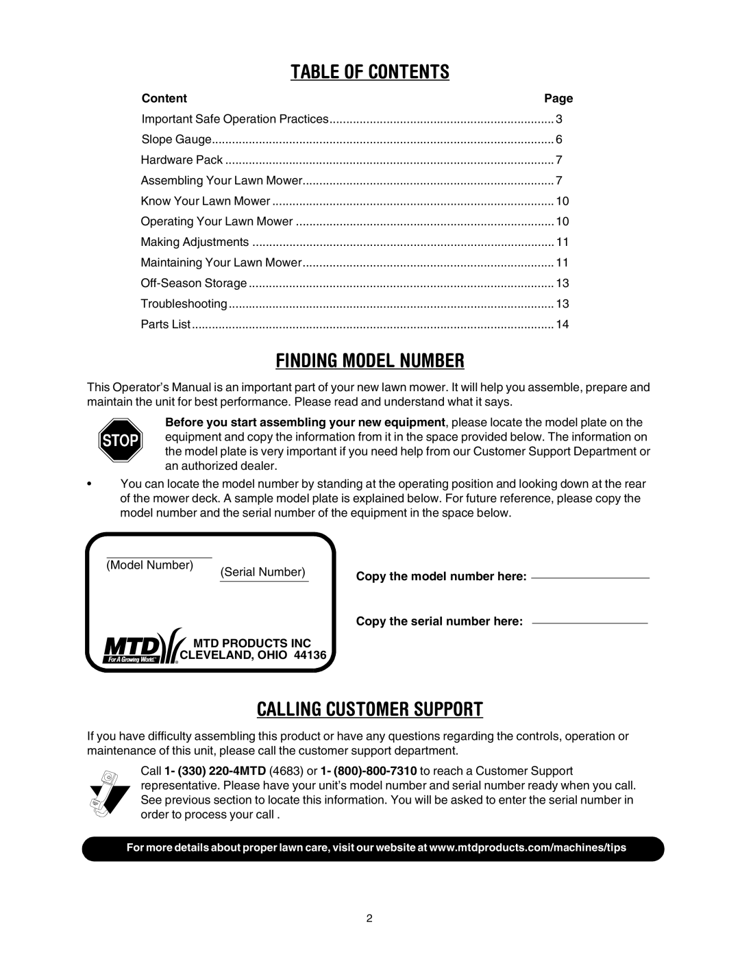 Yard Machines 20 manual Table of Contents 