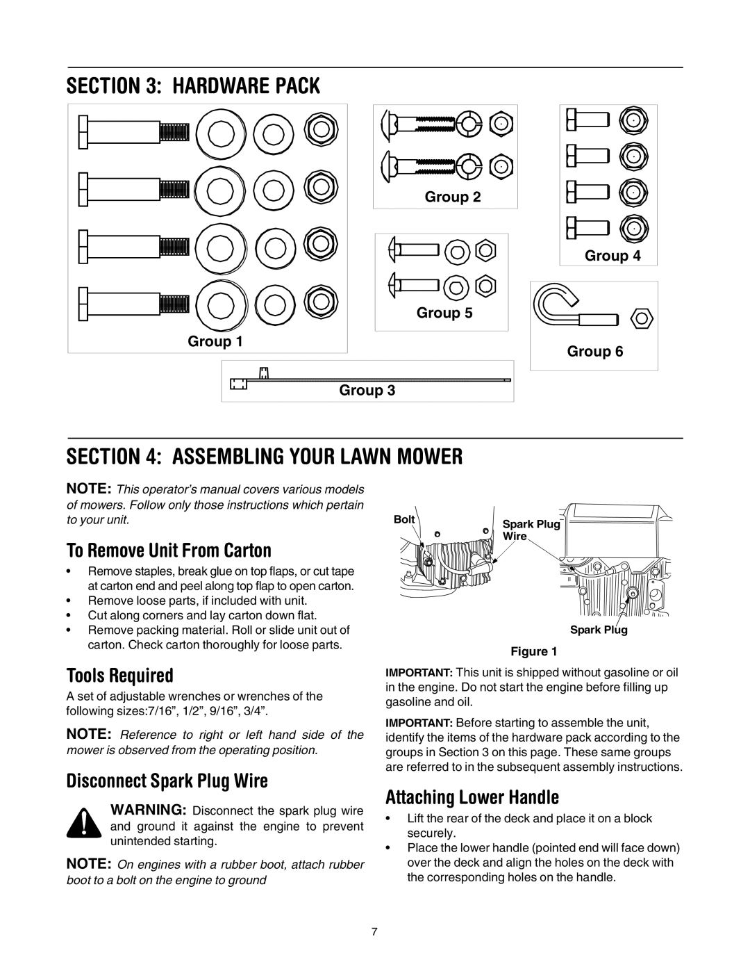 Yard Machines 20 manual Assembling Your Lawn Mower, To Remove Unit From Carton, Tools Required, Disconnect Spark Plug Wire 