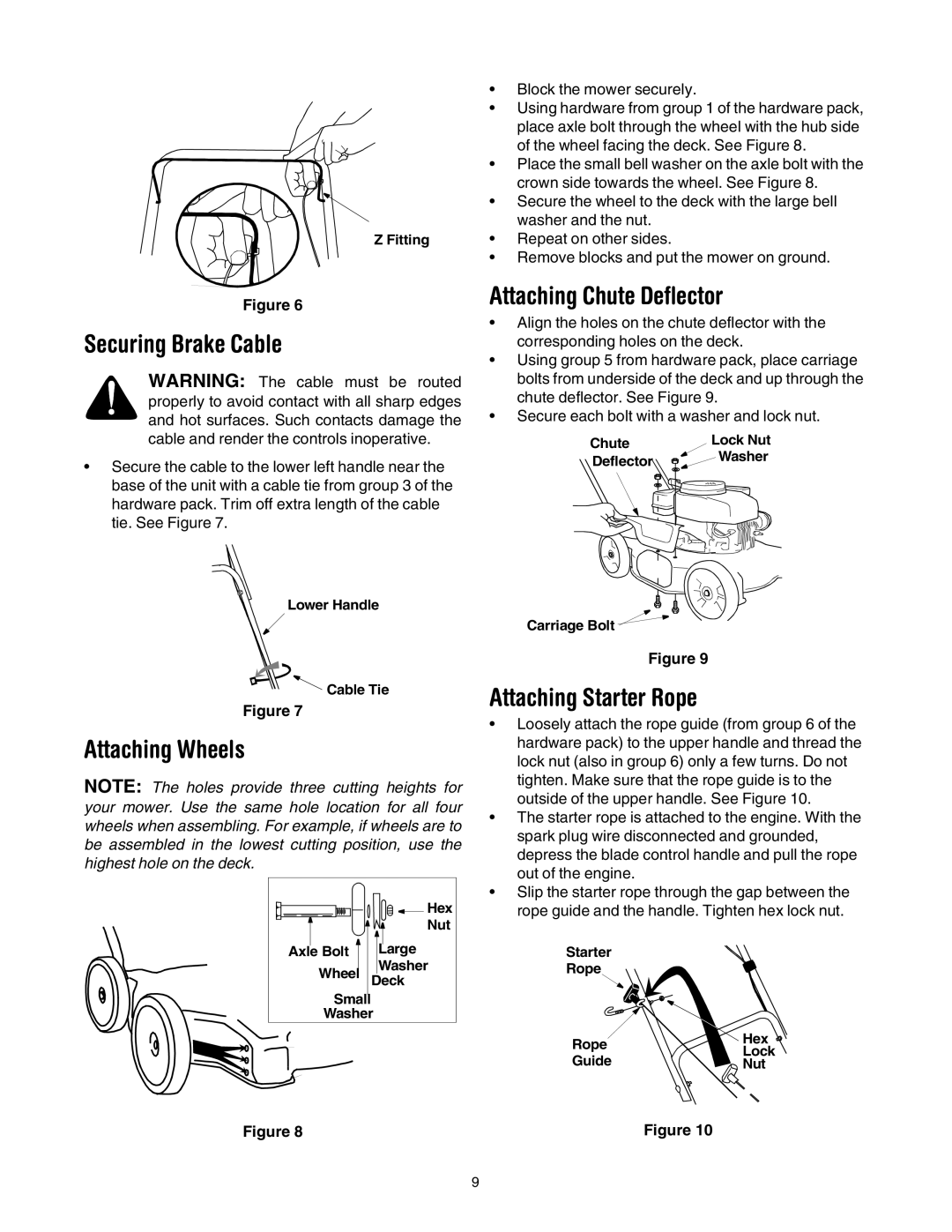 Yard Machines 20 manual Securing Brake Cable, Attaching Wheels, Attaching Chute Deflector, Attaching Starter Rope 