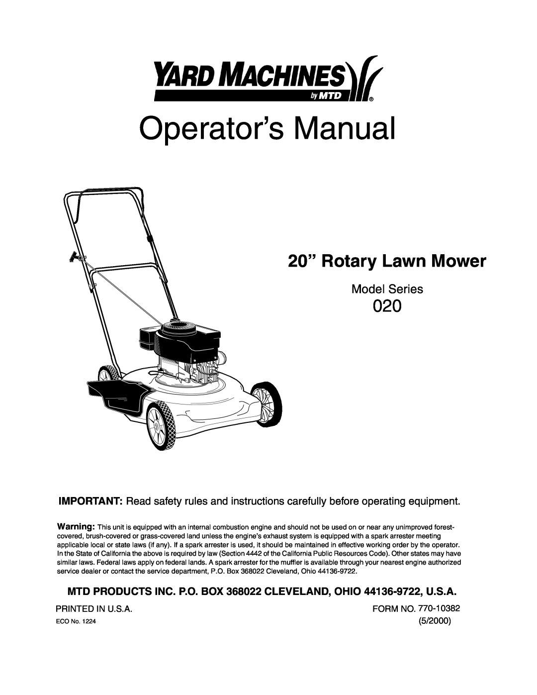 Yard Machines 20 manual MTD PRODUCTS INC. P.O. BOX 368022 CLEVELAND, OHIO 44136-9722, U.S.A, Operator’s Manual 
