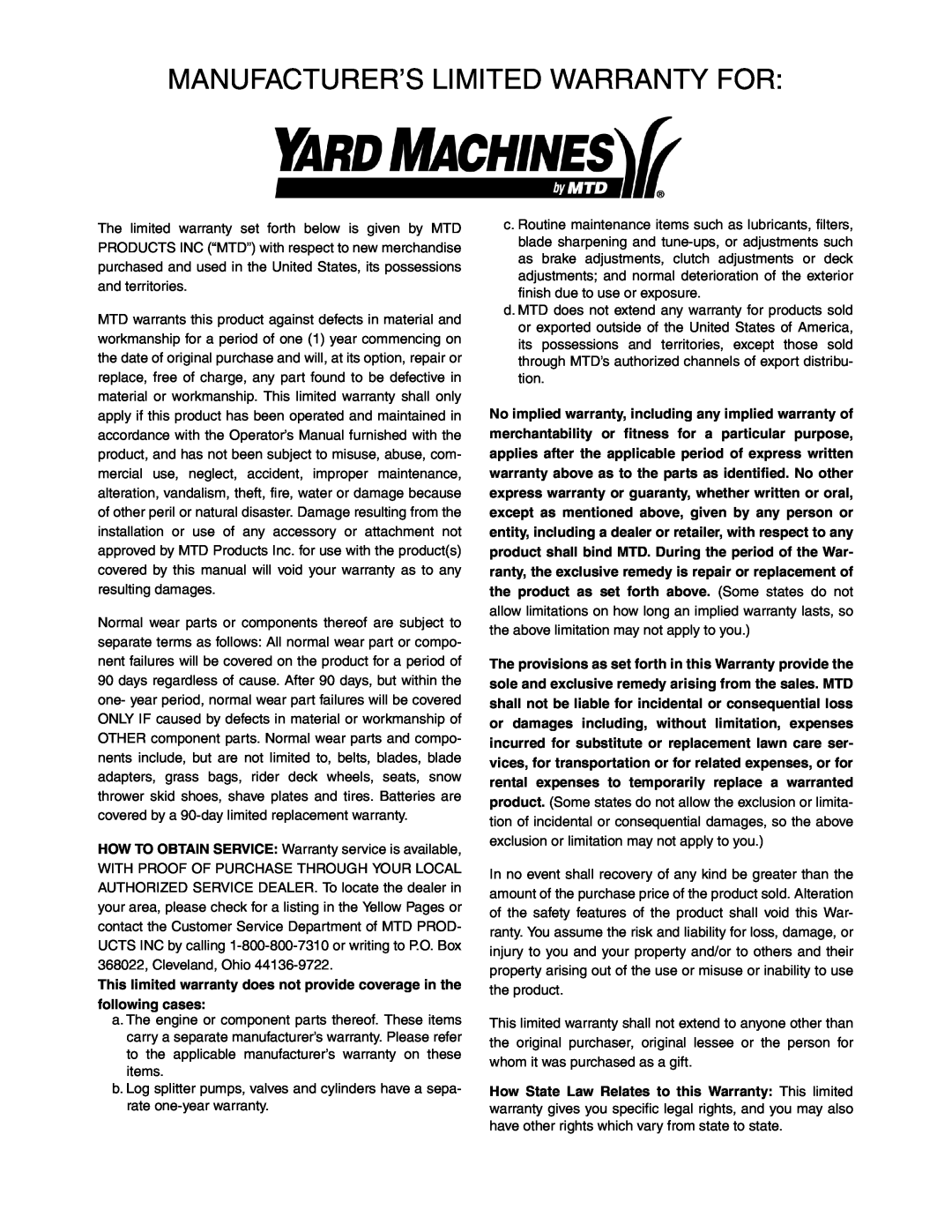 Yard Machines 20 manual Manufacturer’S Limited Warranty For 