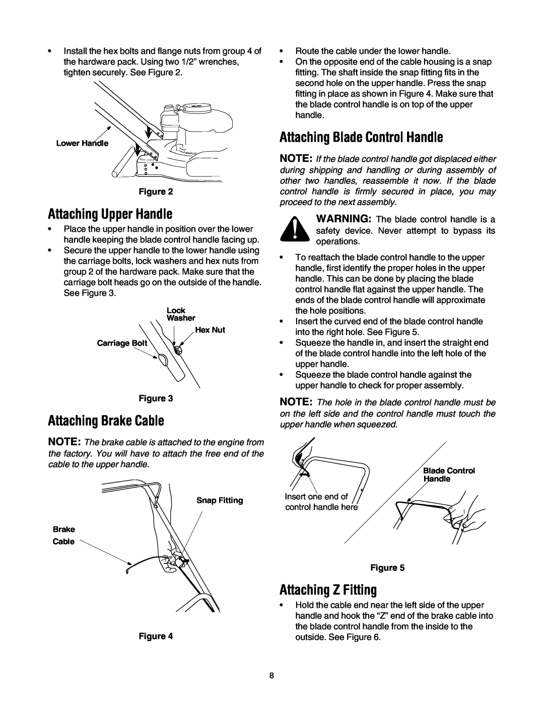 Yard Machines 20 manual Attaching Upper Handle, Attaching Brake Cable, Attaching Blade Control Handle, Attaching Z Fitting 