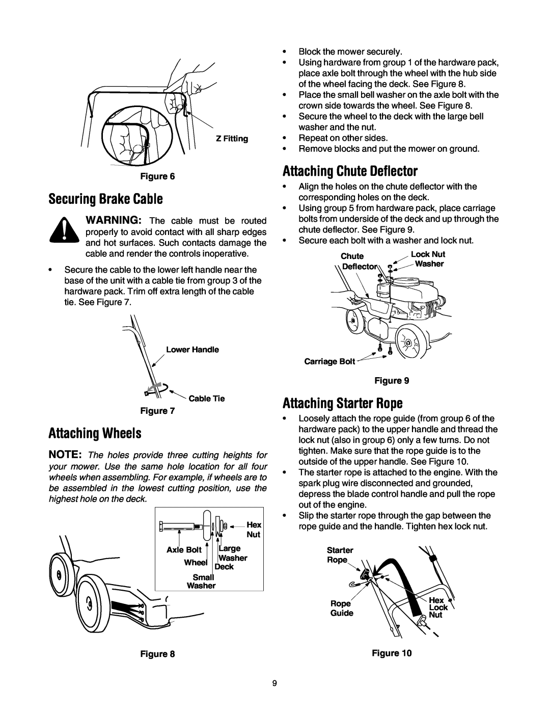 Yard Machines 20 manual Securing Brake Cable, Attaching Wheels, Attaching Chute Deflector, Attaching Starter Rope 