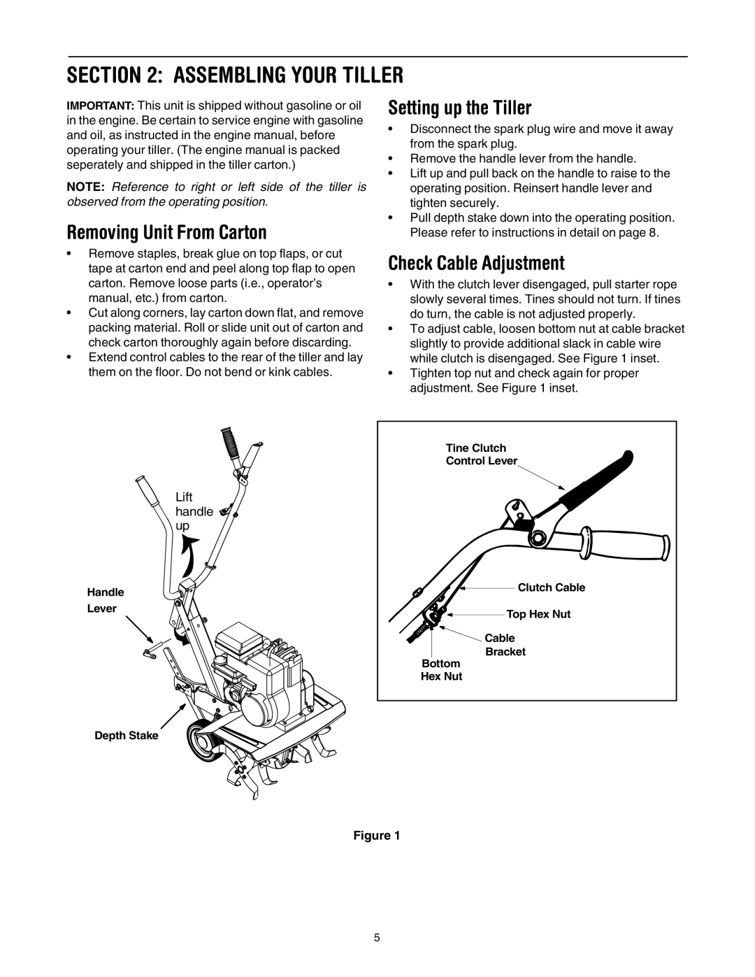 Yard Machines 30 manual Assembling Your Tiller, Removing Unit From Carton, Setting up the Tiller, Check Cable Adjustment 