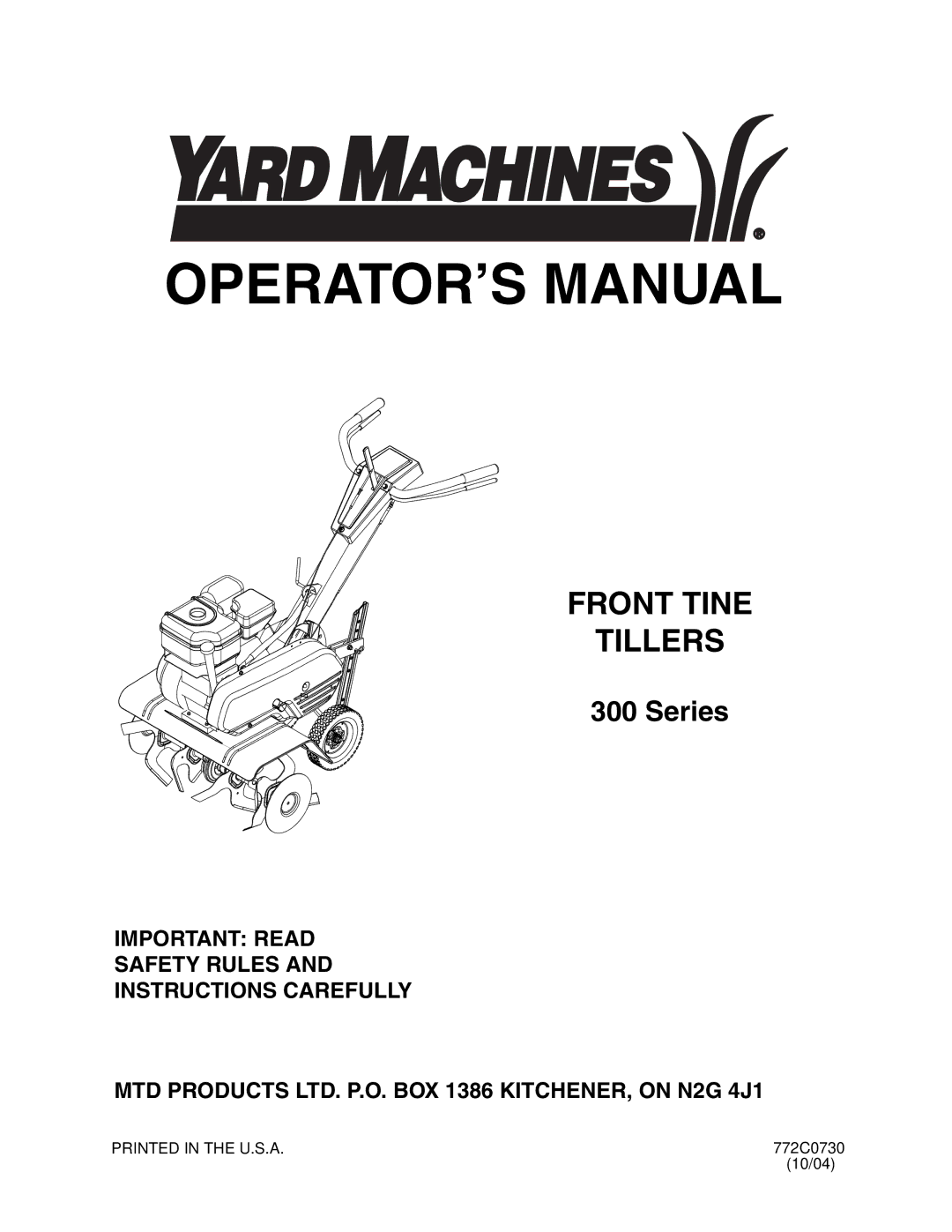 Yard Machines 300 manual OPERATOR’S Manual, Important Read Safety Rules Instructions Carefully 