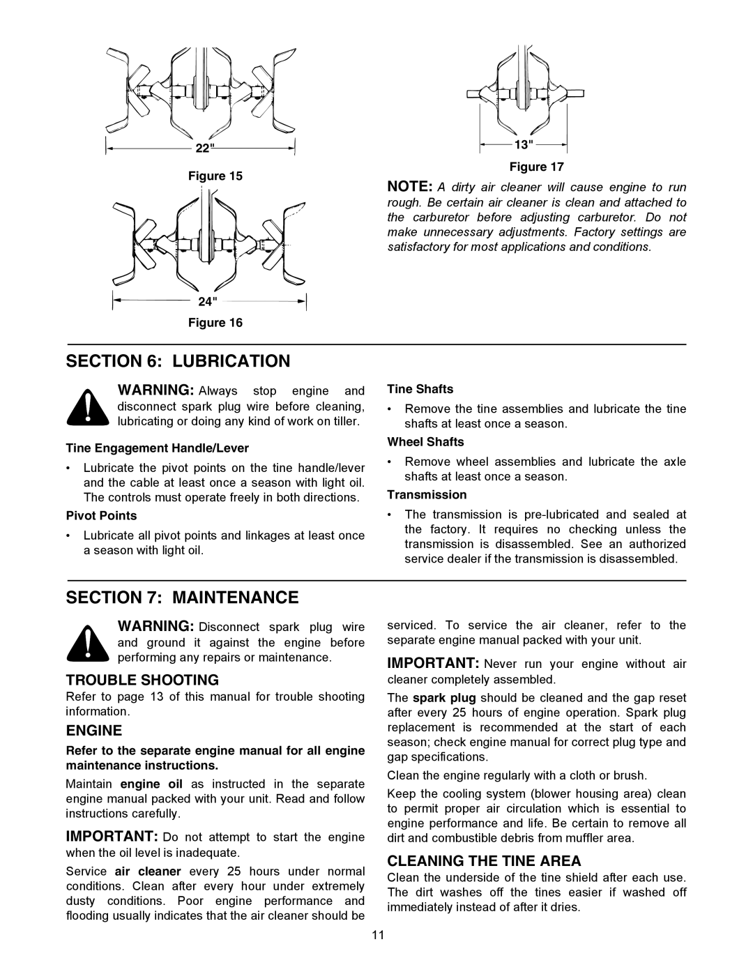 Yard Machines 300 manual Lubrication, Maintenance, Trouble Shooting, Cleaning the Tine Area 