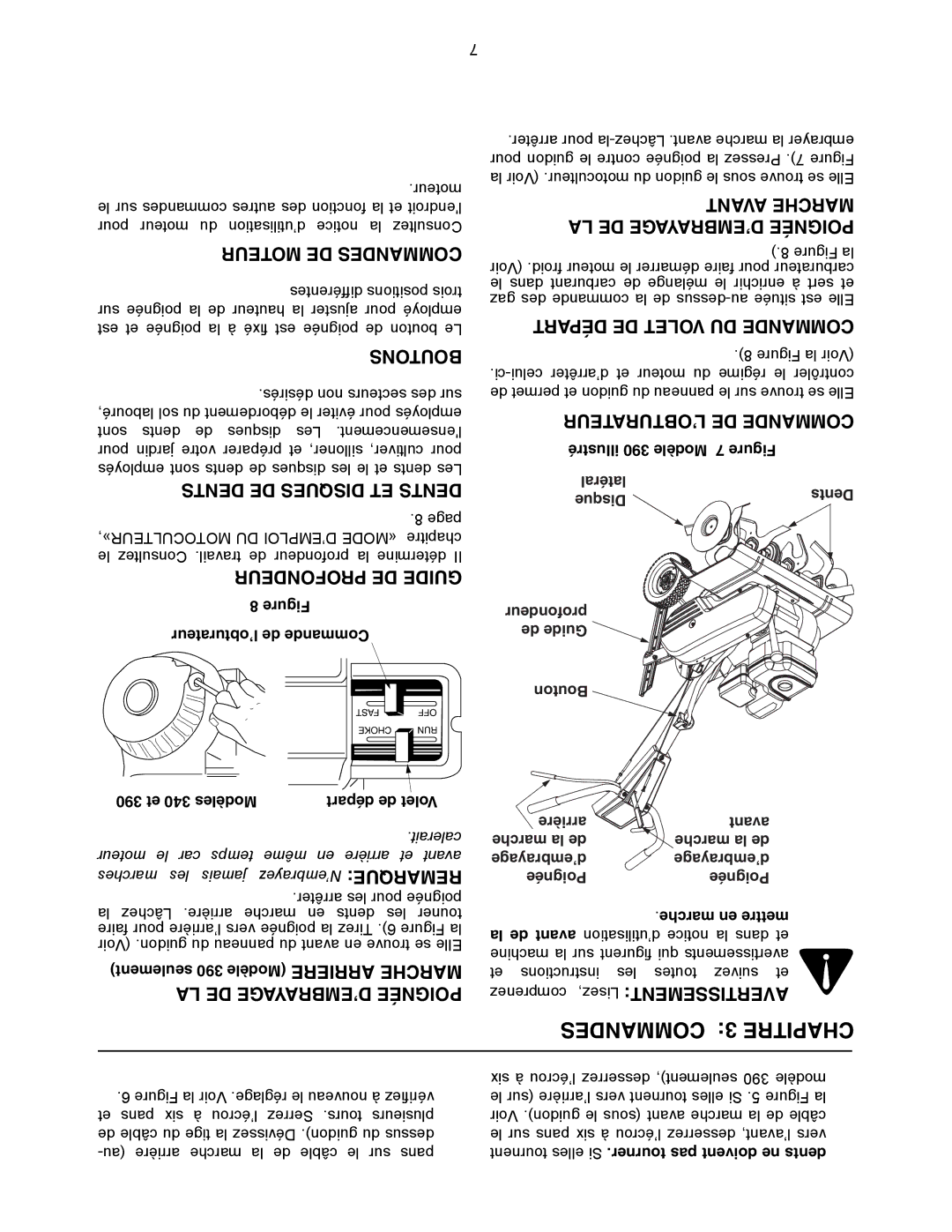 Yard Machines 300 manual Commandes 3 Chapitre, Moteur DE Commandes, Boutons 