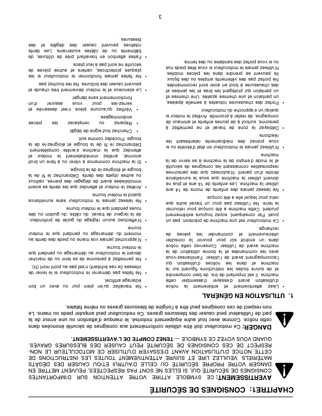 Yard Machines 300 manual Sécurité DE Consignes CHAPITRE1, Général EN Utilisation 