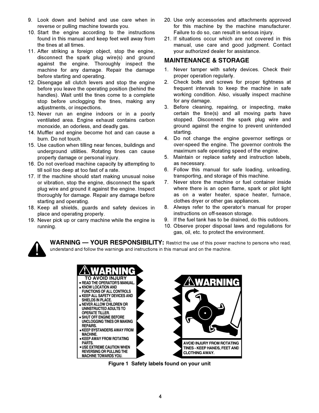 Yard Machines 300 manual Maintenance & Storage, Safety labels found on your unit 