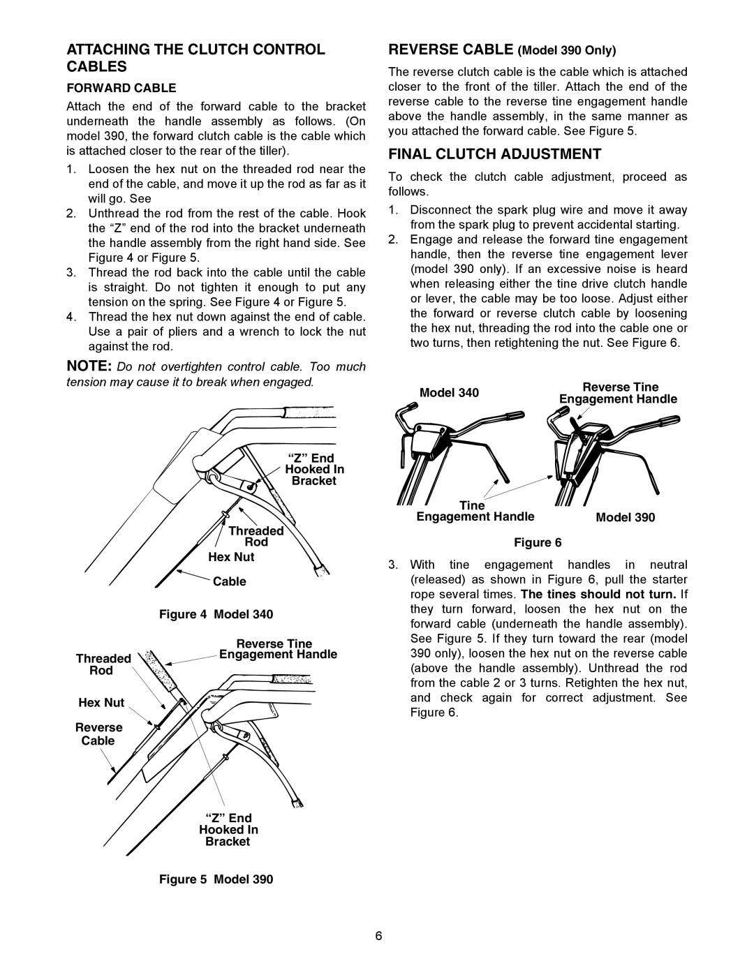 Yard Machines 300 manual Attaching the Clutch Control Cables, Final Clutch Adjustment, Model Reverse Tine 