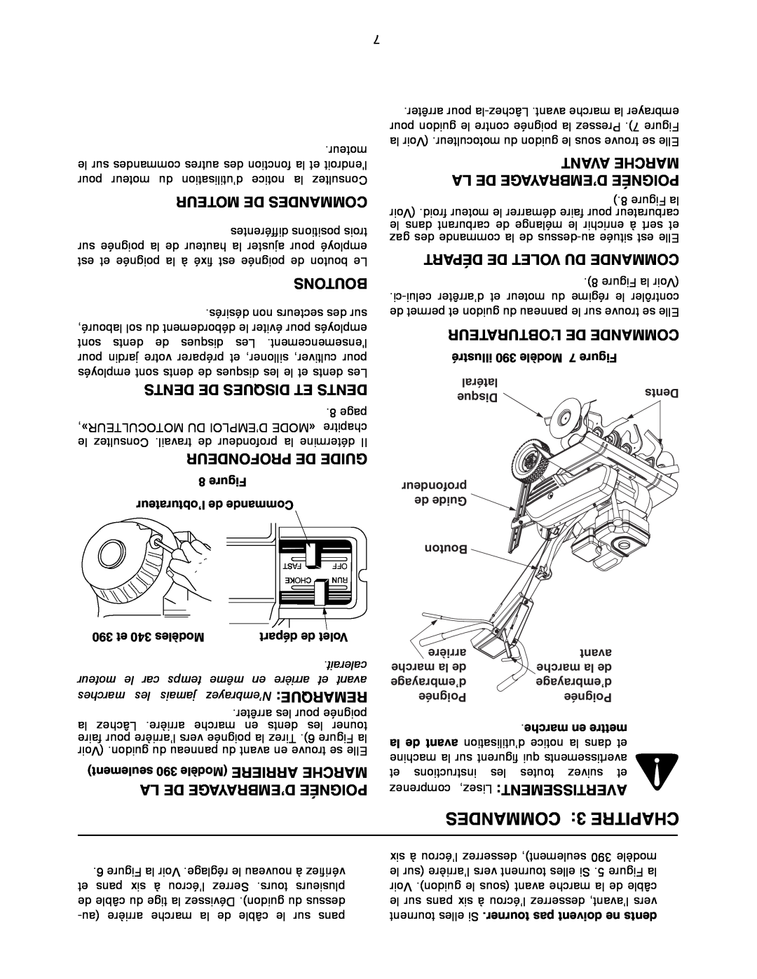 Yard Machines 300 manual COMMANDES 3 CHAPITRE, Moteur De Commandes, Boutons, La De D’Embrayage Poignée, Avant Marche 