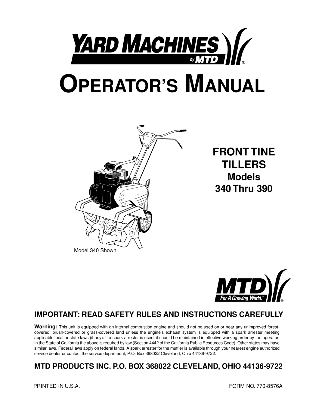 Yard Machines 340 Thru 390 manual OPERATOR’S Manual 