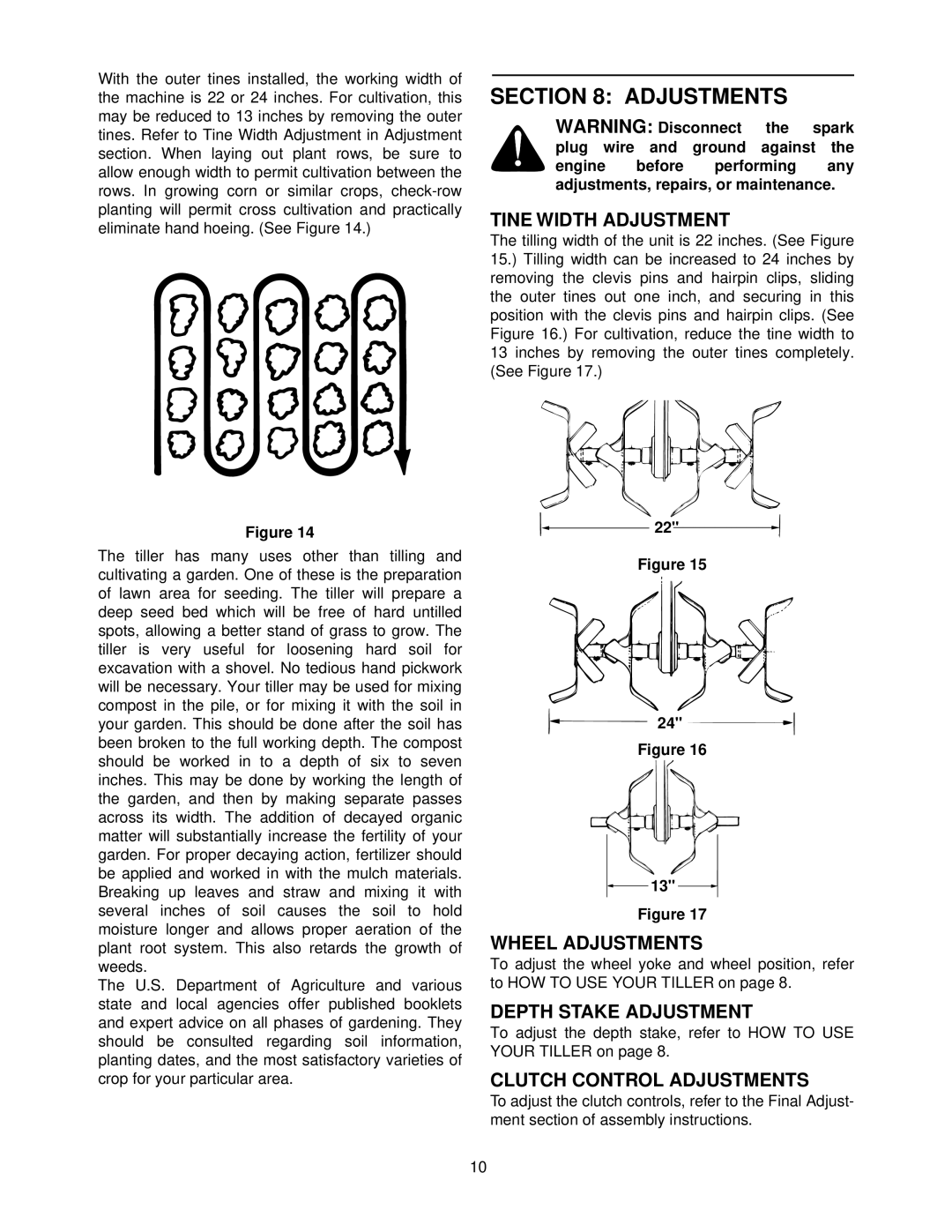 Yard Machines 340 Thru 390 manual Tine Width Adjustment, Wheel Adjustments, Depth Stake Adjustment 