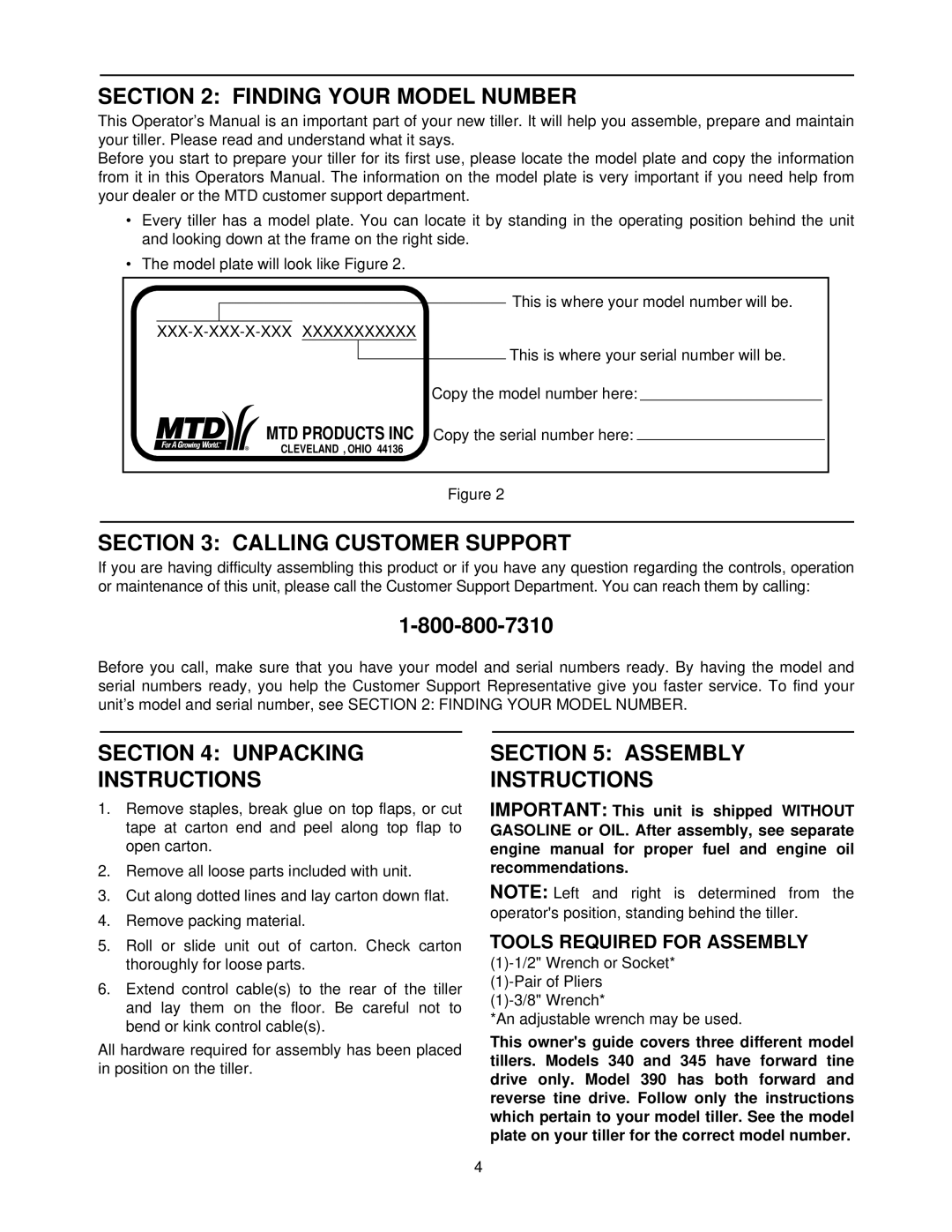 Yard Machines 340 Thru 390 manual Finding Your Model Number, Calling Customer Support, Unpacking Instructions 