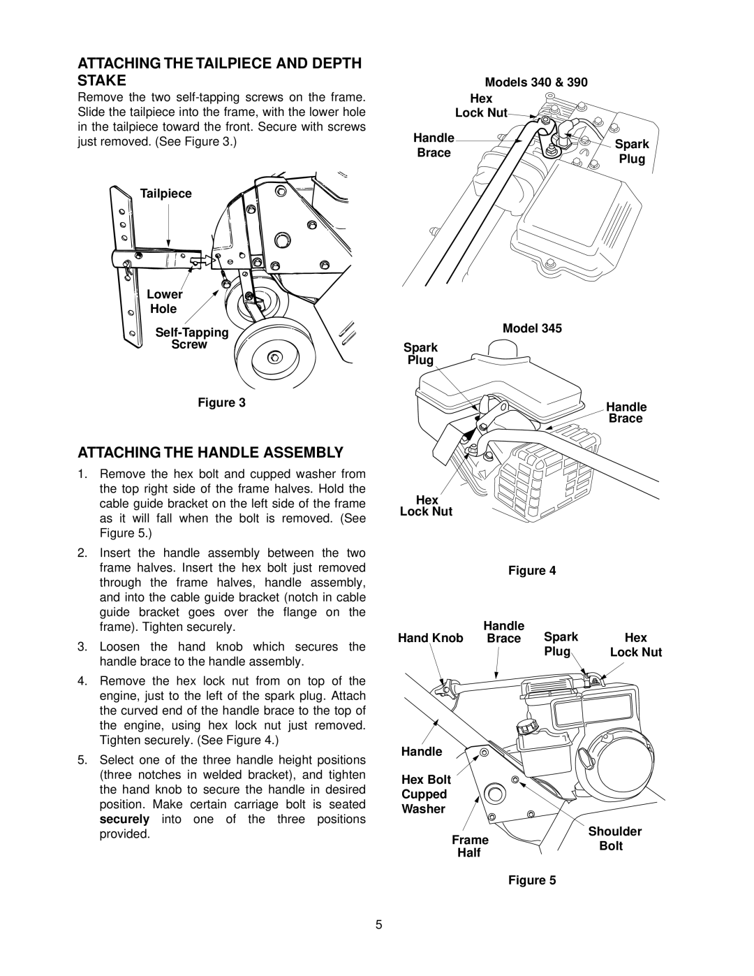 Yard Machines 340 Thru 390 manual Attaching the Tailpiece and Depth Stake, Attaching the Handle Assembly 