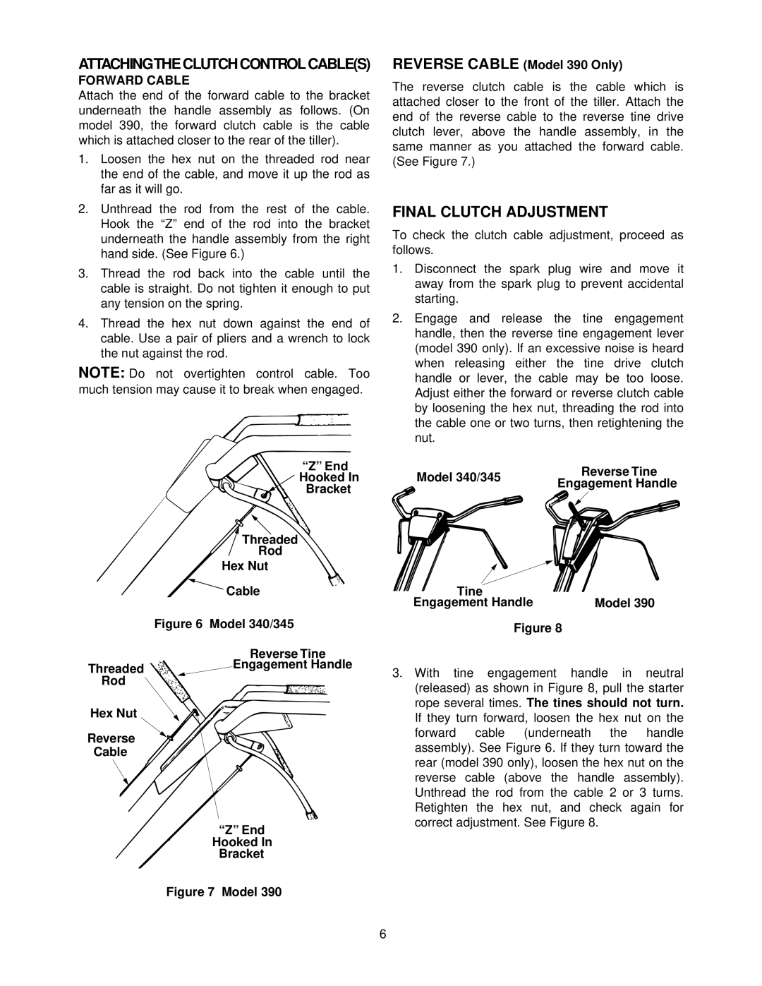 Yard Machines 340 Thru 390 manual Final Clutch Adjustment, Model 340/345, Tine Engagement Handle Model 