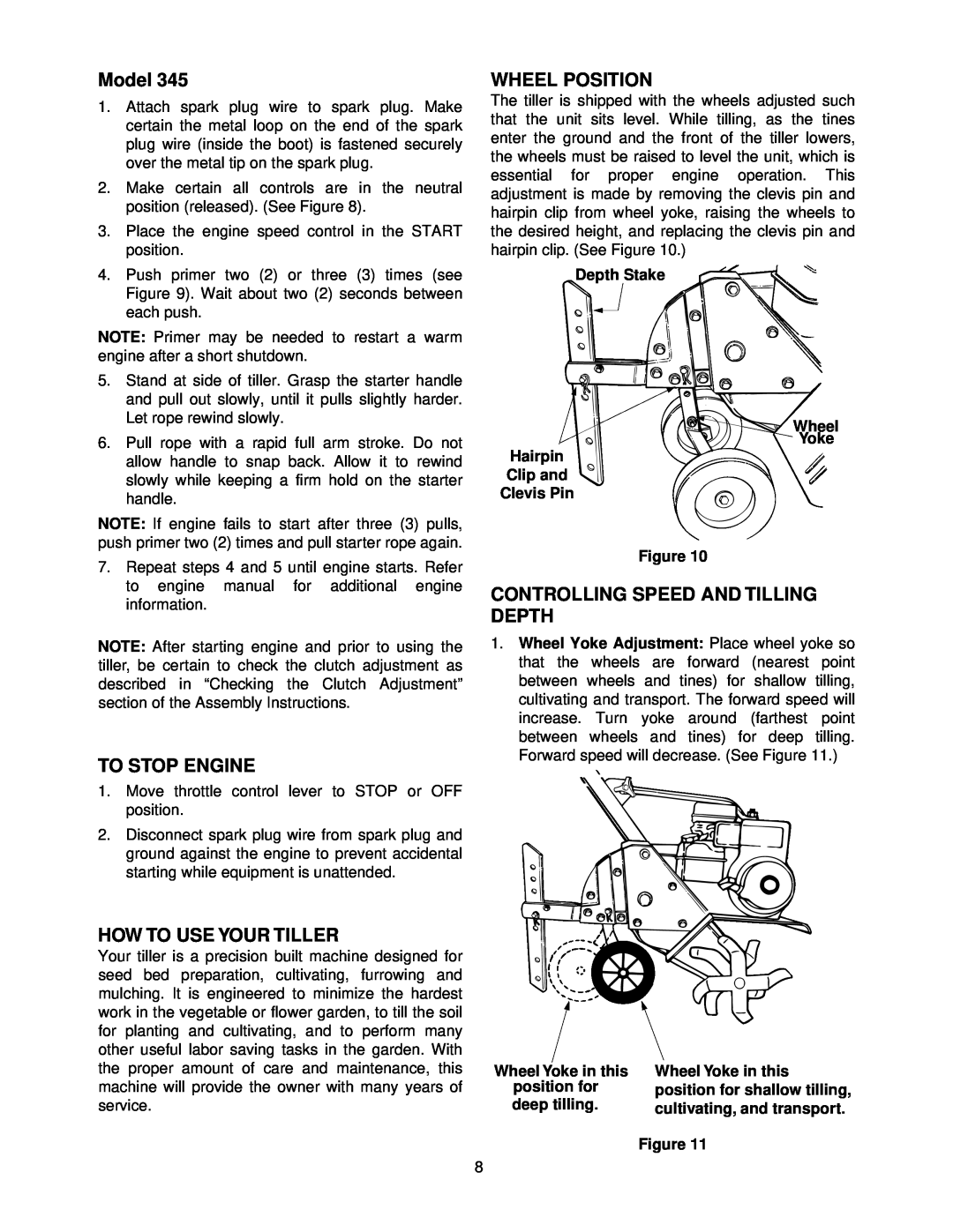 Yard Machines 340 Thru 390 manual Model, To Stop Engine, How To Use Your Tiller, Wheel Position 