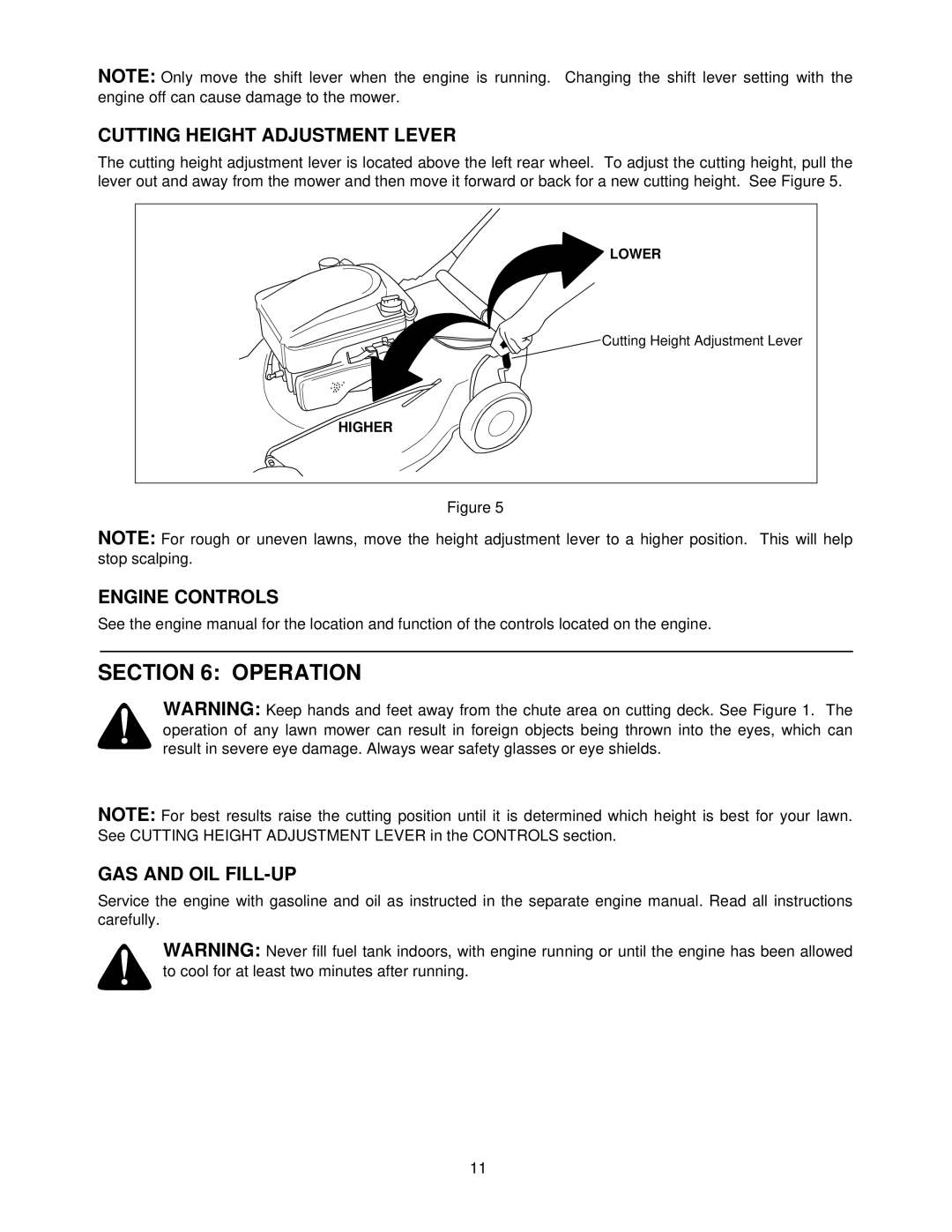 Yard Machines 378, 387, 389, 370 manual Operation, Cutting Height Adjustment Lever, Engine Controls, GAS and OIL FILL-UP 