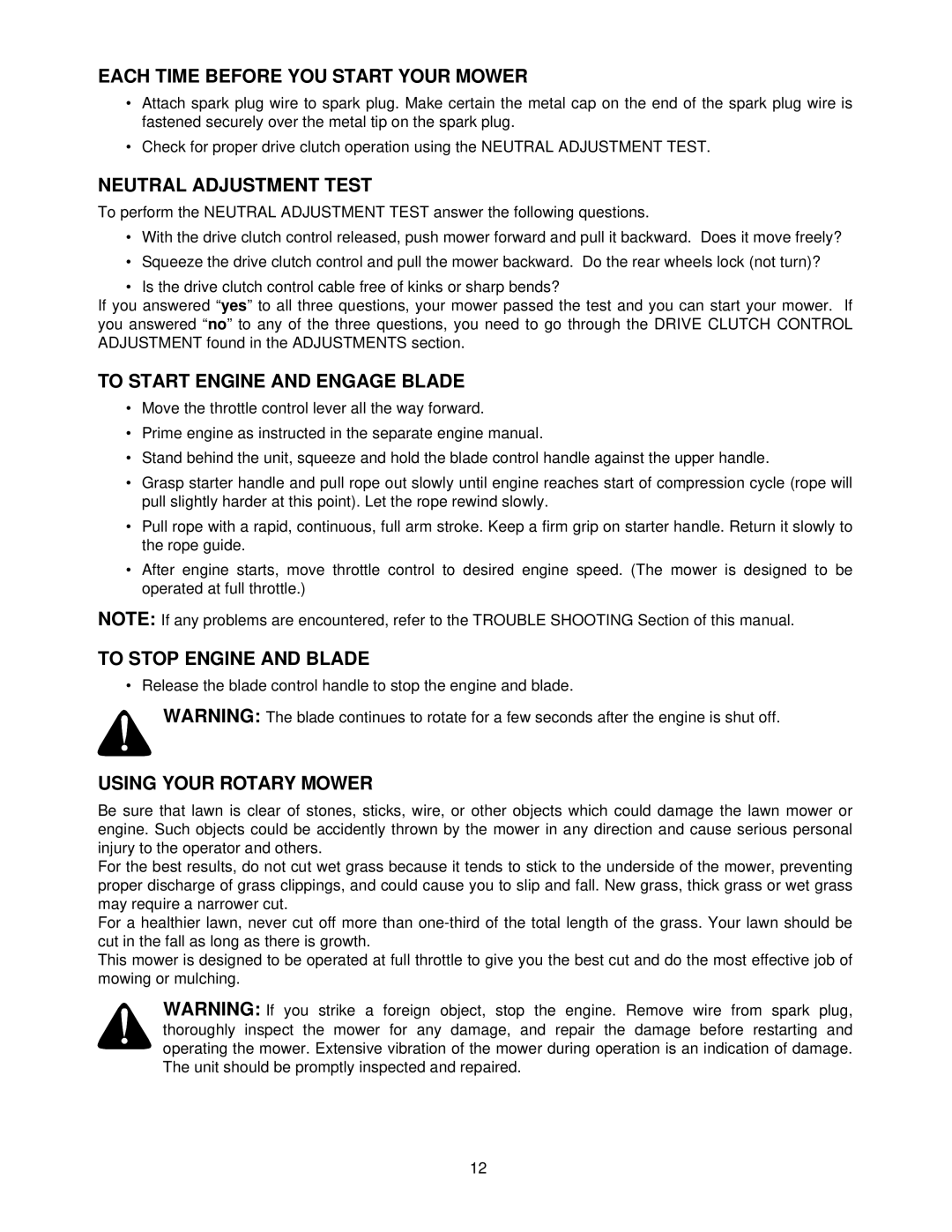 Yard Machines 387, 389 Each Time Before YOU Start Your Mower, Neutral Adjustment Test, To Start Engine and Engage Blade 