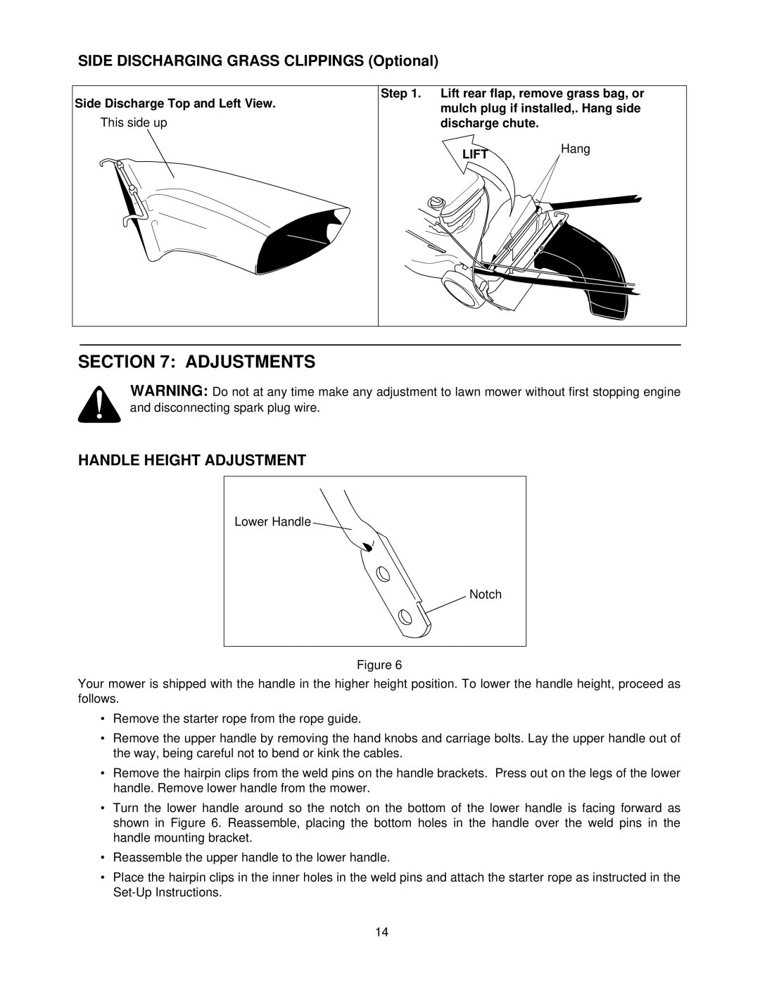 Yard Machines 370, 387, 389, 378 manual Adjustments, Side Discharging Grass Clippings Optional, Handle Height Adjustment 