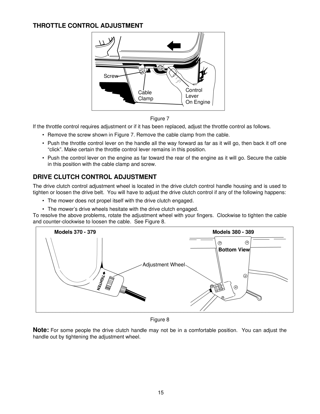 Yard Machines 378, 387, 389, 370 manual Throttle Control Adjustment, Drive Clutch Control Adjustment 