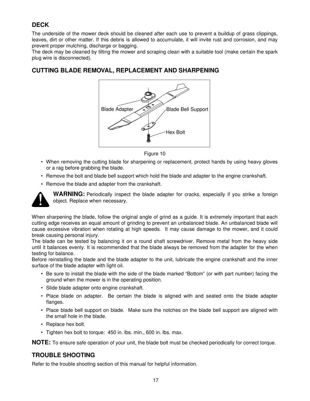 Yard Machines 389, 387, 370, 378 manual Deck, Cutting Blade REMOVAL, Replacement and Sharpening, Trouble Shooting 