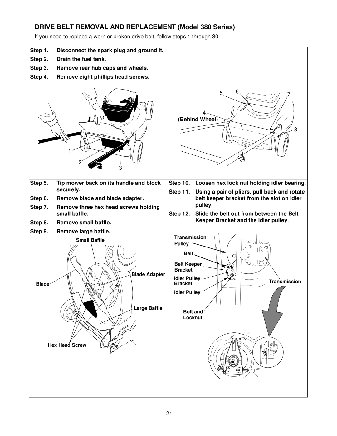 Yard Machines 389, 387, 370, 378 manual Drive Belt Removal and Replacement Model 380 Series 