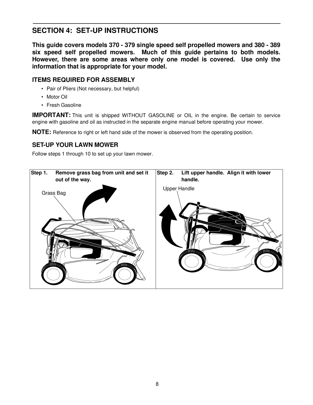 Yard Machines 387, 389, 370, 378 manual SET-UP Instructions, Items Required for Assembly, SET-UP Your Lawn Mower 