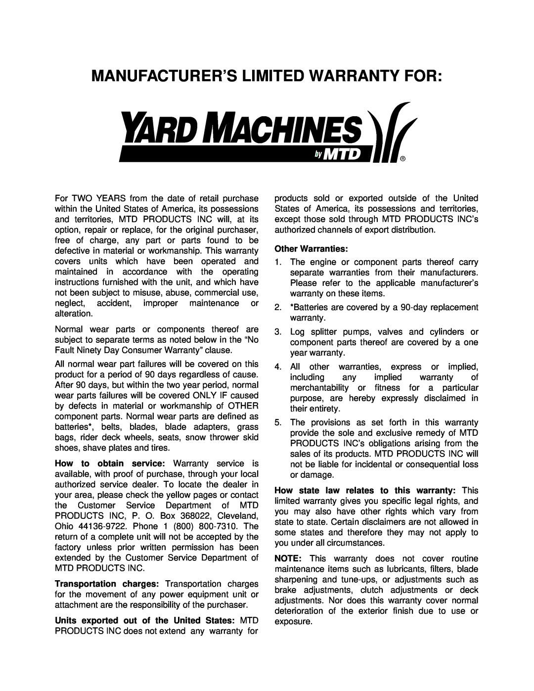 Yard Machines 387, 389, 370, 378 manual Manufacturer’S Limited Warranty For 