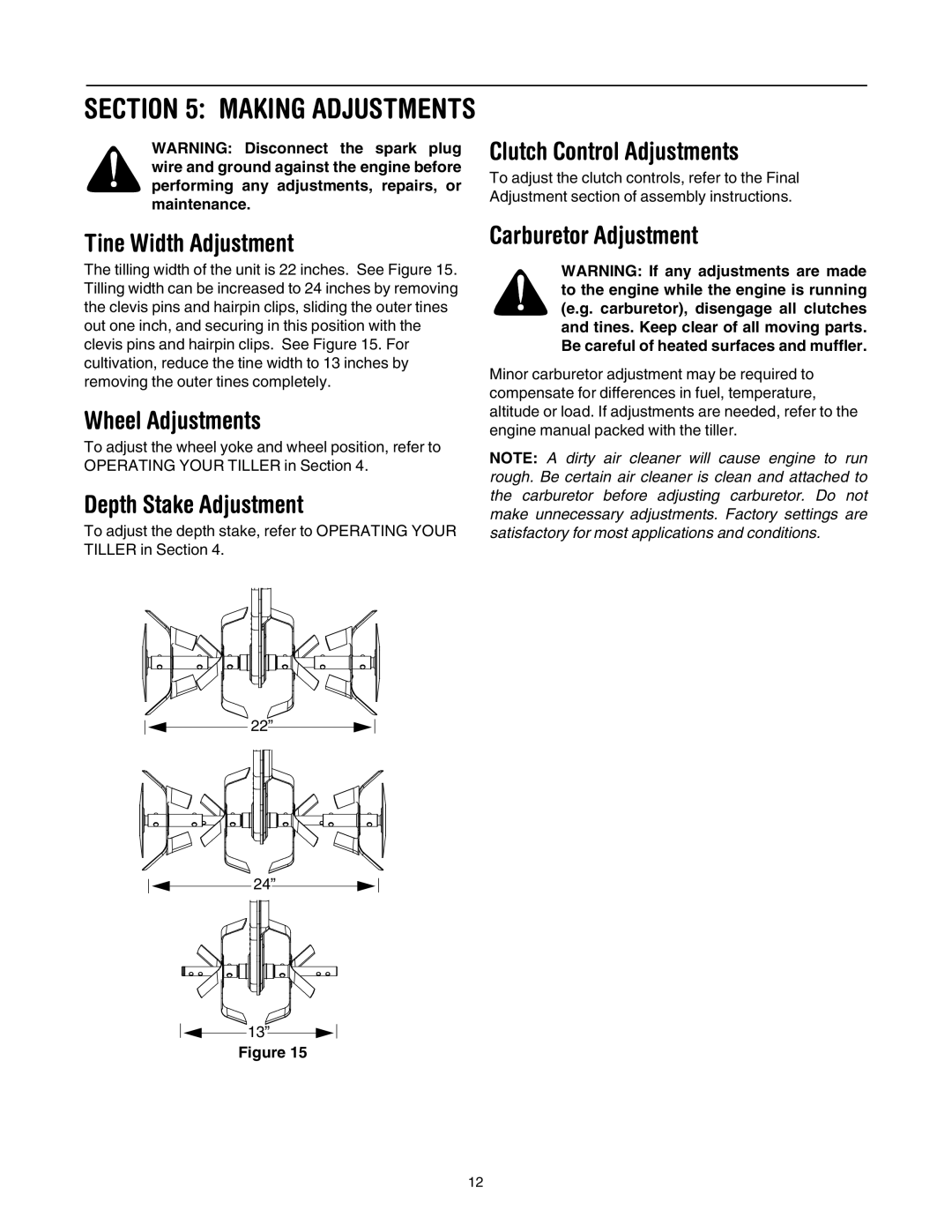 Yard Machines 390 manual Clutch Control Adjustments, Tine Width Adjustment, Wheel Adjustments, Depth Stake Adjustment 