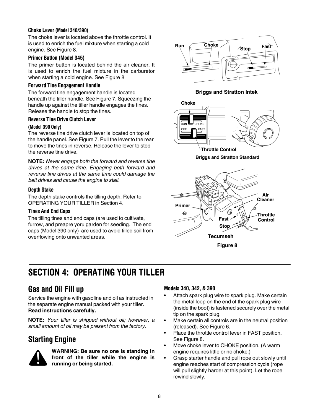 Yard Machines 390 manual Operating Your Tiller, Gas and Oil Fill up, Starting Engine 