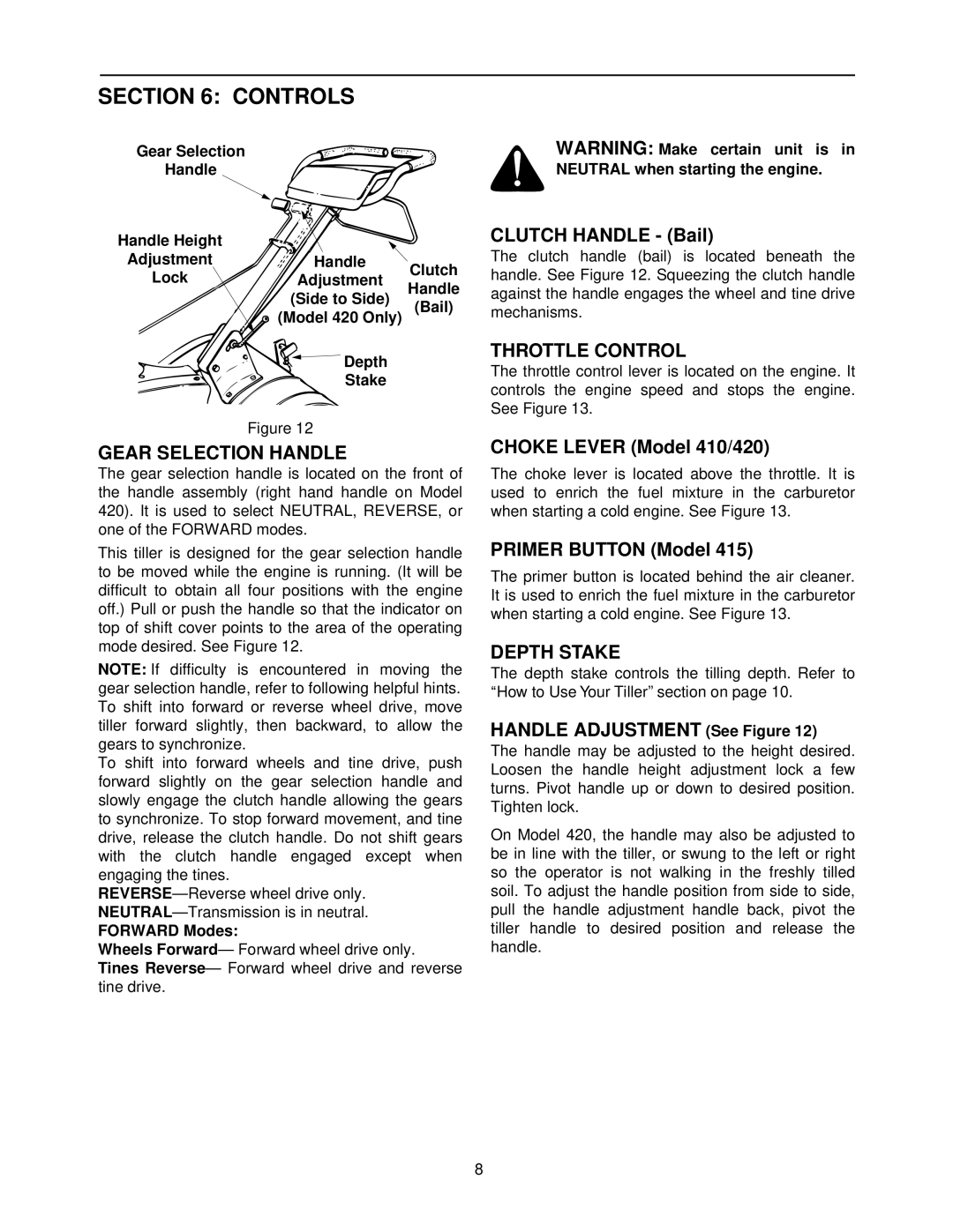 Yard Machines 410, 420 manual Controls, Gear Selection Handle, Throttle Control, Depth Stake 