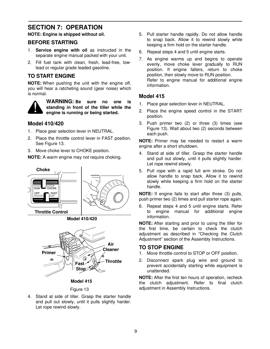 Yard Machines 420, 410 manual Operation, Before Starting, To Start Engine, To Stop Engine 