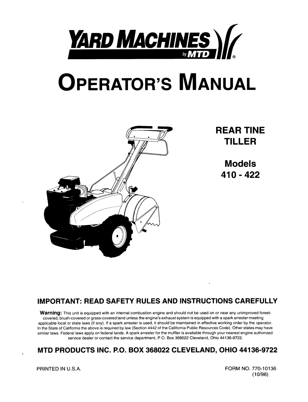 Yard Machines 410-422 manual 