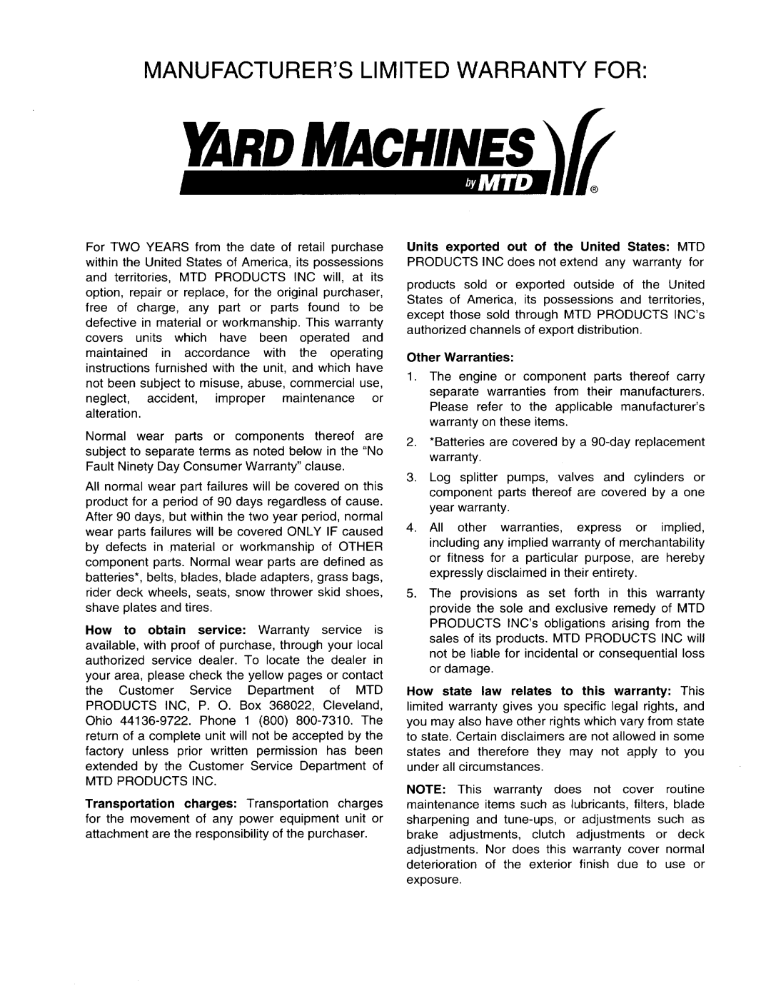 Yard Machines 410-422 manual 