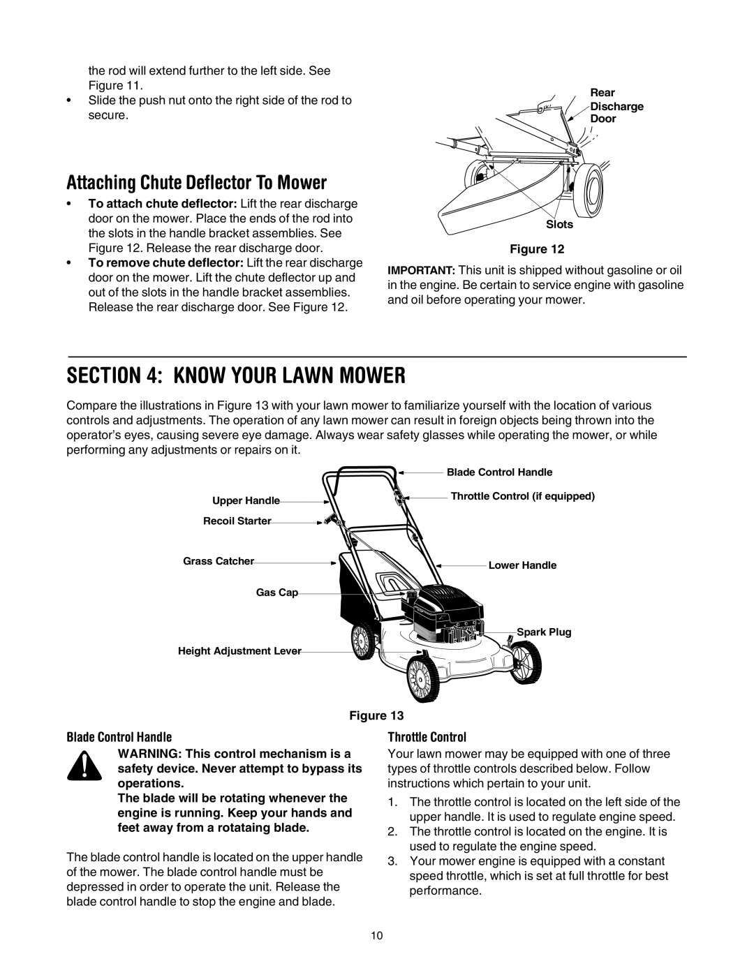 Yard Machines through 429, 410, 21 Rear Discharge Push Mower manual Know Your Lawn Mower, Blade Control Handle 