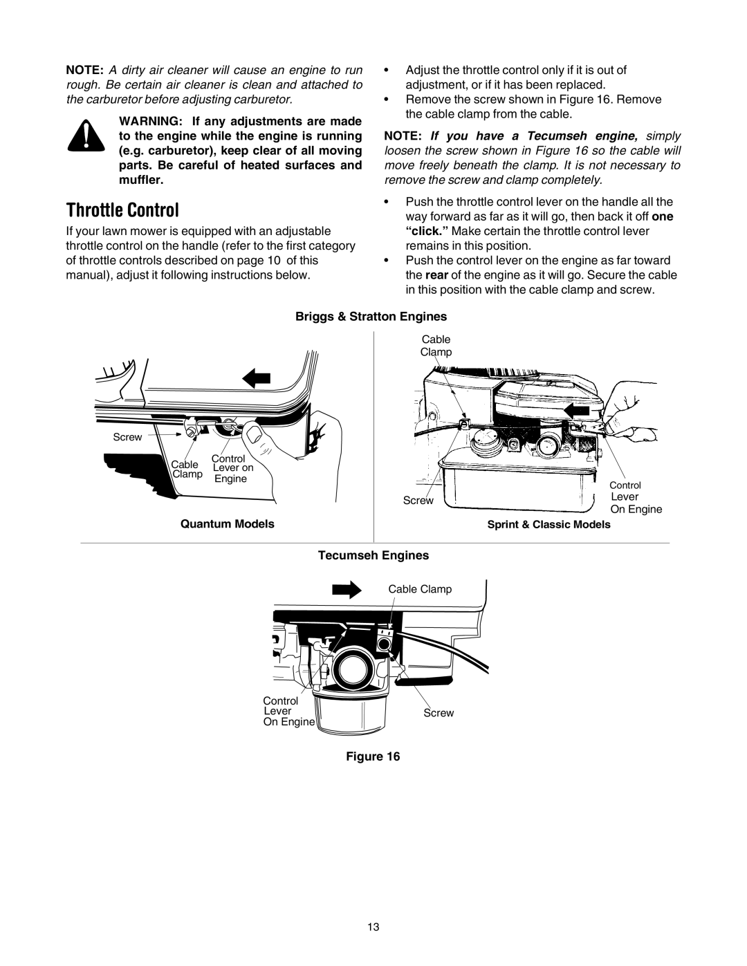 Yard Machines through 429, 410 manual Throttle Control, Briggs & Stratton Engines, Quantum Models, Tecumseh Engines 