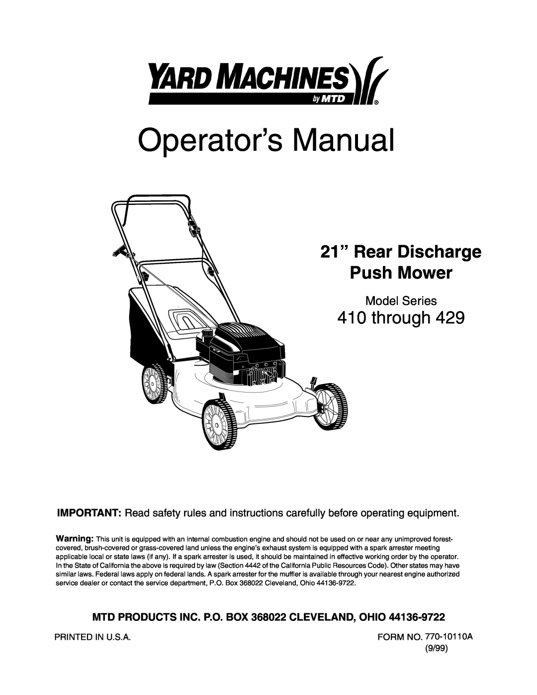 Yard Machines through 429, 410 manual MTD PRODUCTS INC. P.O. BOX 368022 CLEVELAND, OHIO, Operator’s Manual, Model Series 